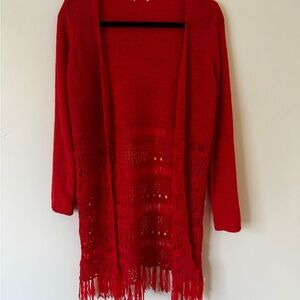Dark Orange Boho Open-Knit Fringe Cardigan – Longline Sweater Duster